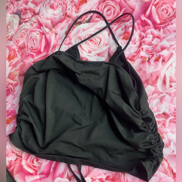 SHIEN🖤black cropped ruched tie halter criss cross v neck spaghetti strap top - Picture 6 of 11